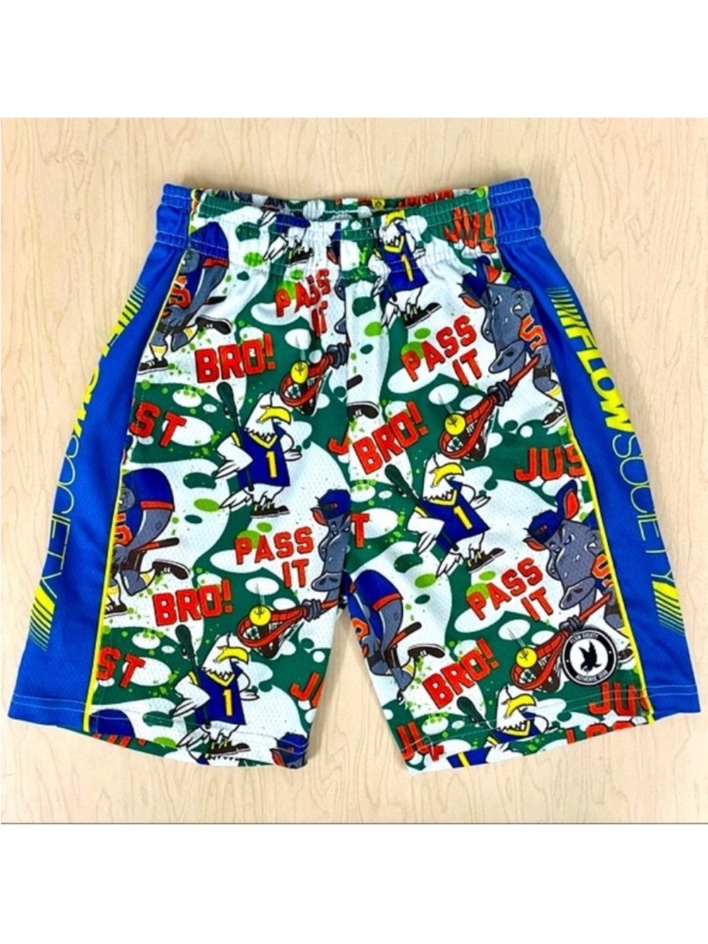 Flow Society Lacrosse Shorts Boys Large Just Pass It Bro Eagle Warthog Ball Hog
